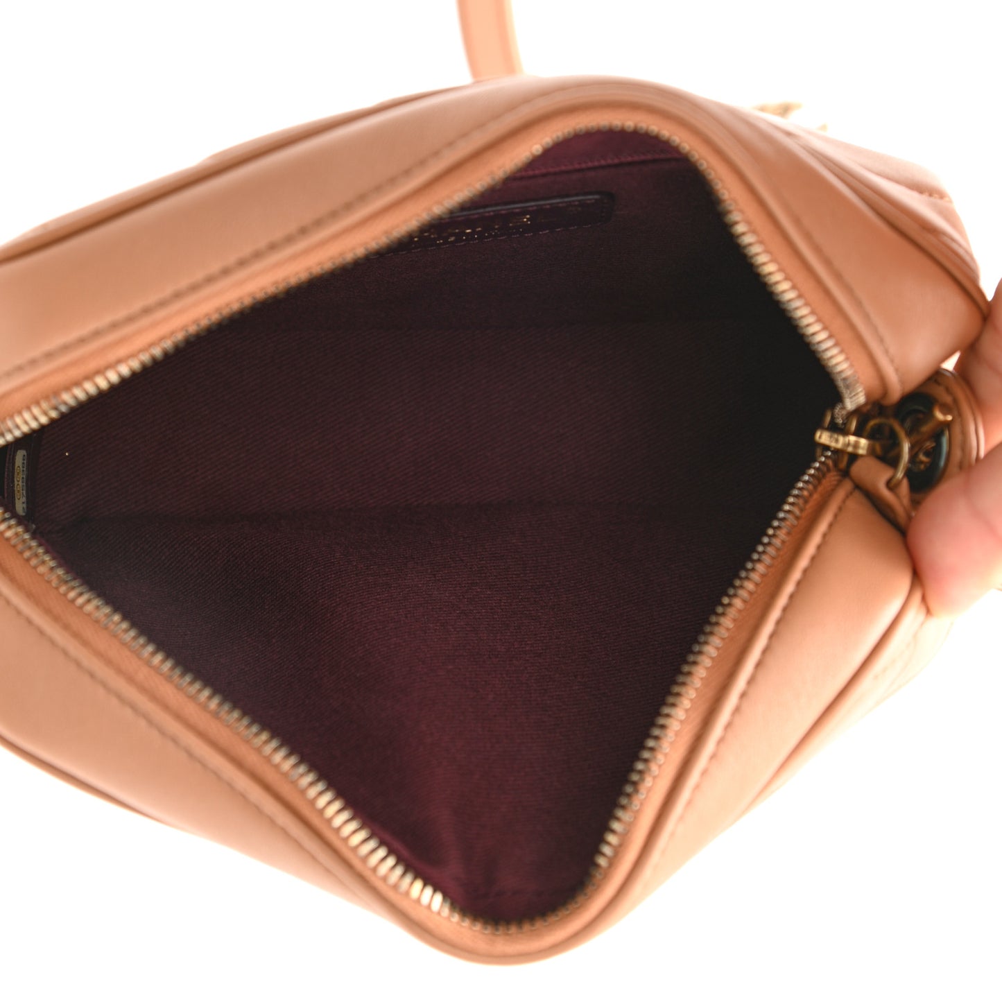 Lambskin Chevron Quilted Pyramid CC Camera Case Camel