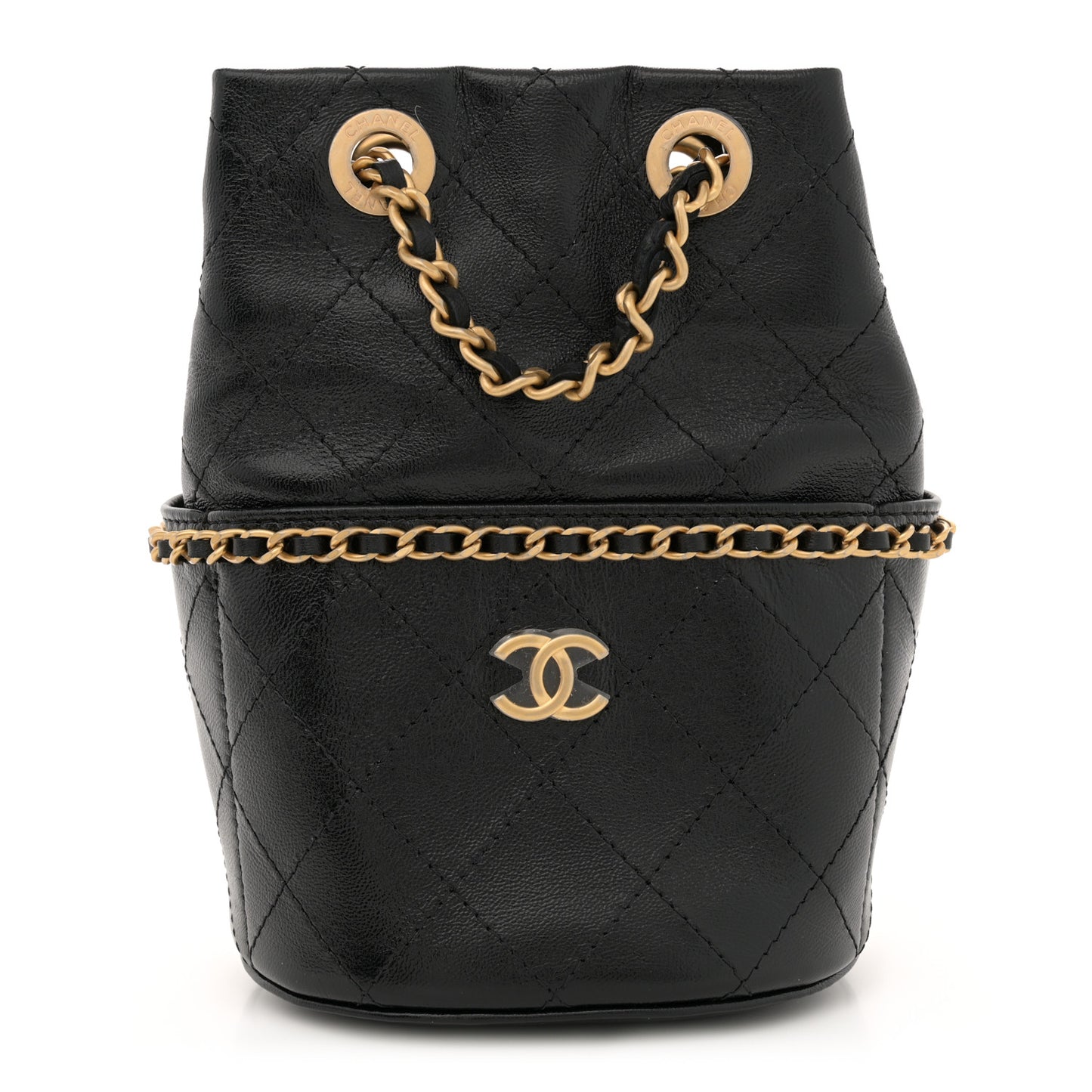 Shiny Lambskin Quilted Nauticoco Bucket Bag Black