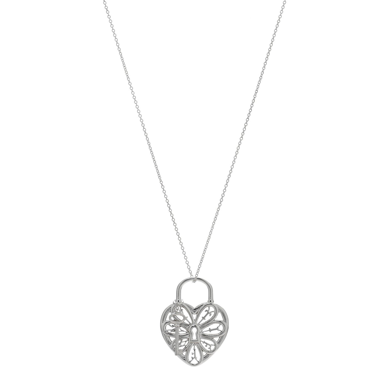 Tiffany Sterling Silver Filigree Heart Key Pendant Necklace 1 of 4