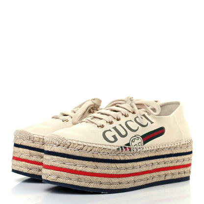 Gucci Canvas Logo Lace-Up Platform Espadrilles 36 Greggio Grege 3 of 9