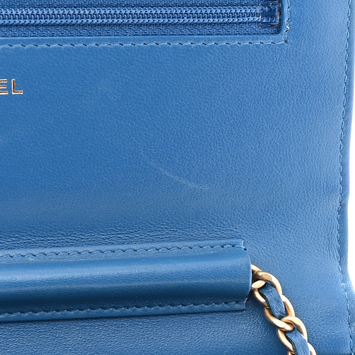 Lambskin Quilted CC Pearl Crush Wallet on Chain WOC Blue