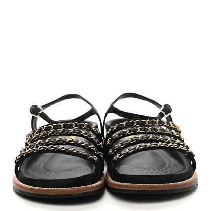Chanel Satin Lambskin Chain Flat Sandals 38.5 Black 2 of 9