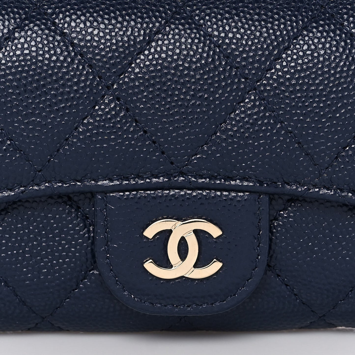 Caviar Quilted Flap Card Holder Wallet Navy Blue