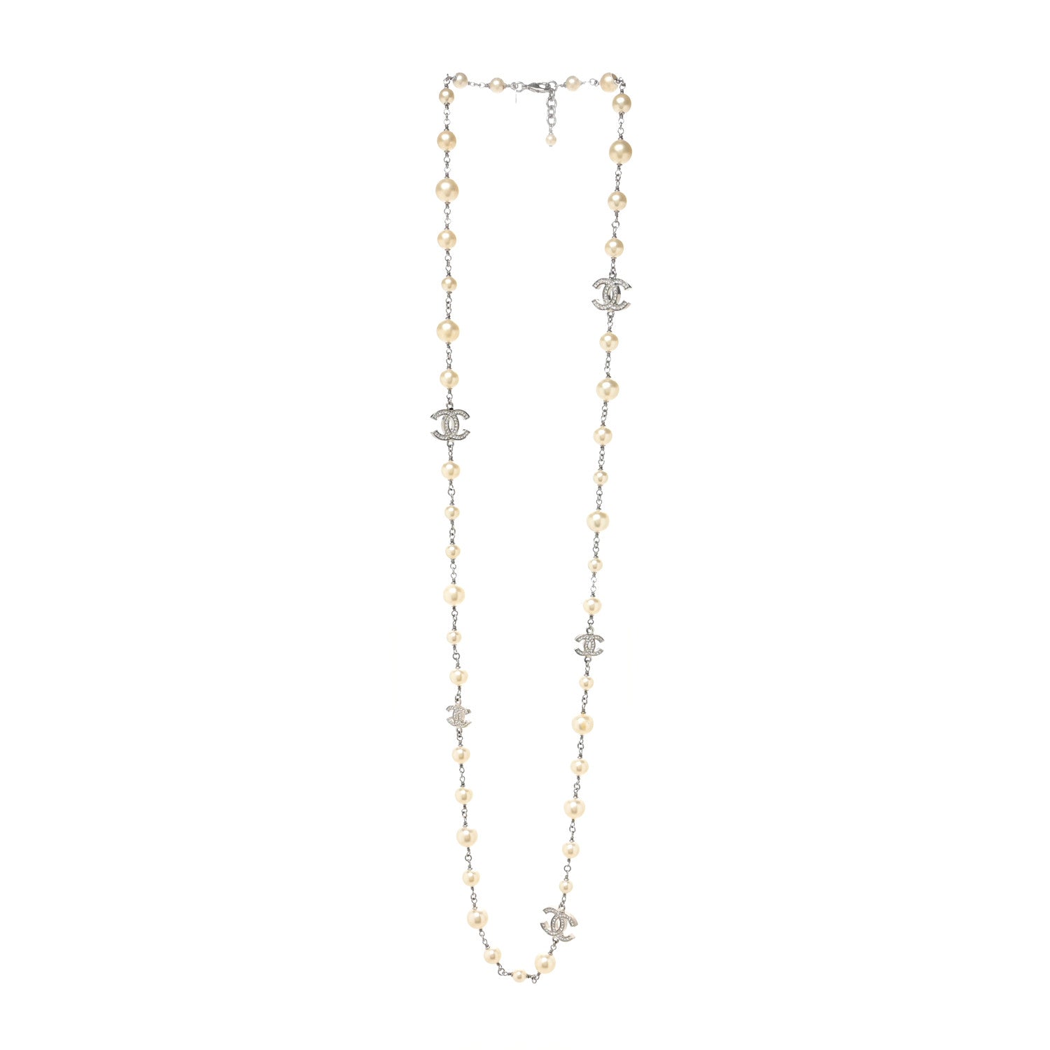 Chanel Graduated Pearl Crystal CC Long Necklace Silver 2 of 4
