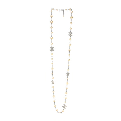 Chanel Graduated Pearl Crystal CC Long Necklace Silver 2 of 4
