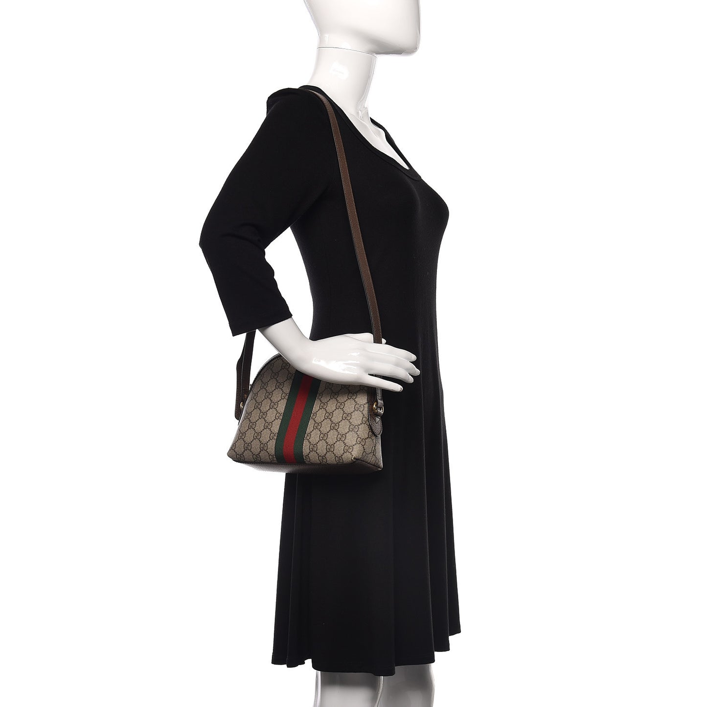 GG Supreme Monogram Textured Dollar Calfskin Web Small Ophidia Dome Shoulder Bag Beige Ebony New Acero