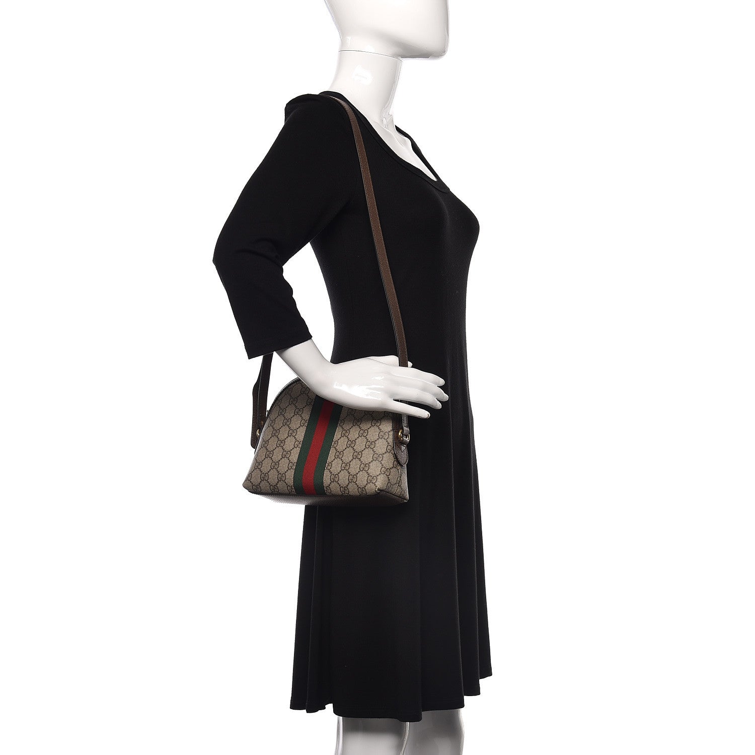 Gucci GG Supreme Monogram Textured Dollar Calfskin Web Small Ophidia Dome Shoulder Bag Beige Ebony New Acero 2 of 14