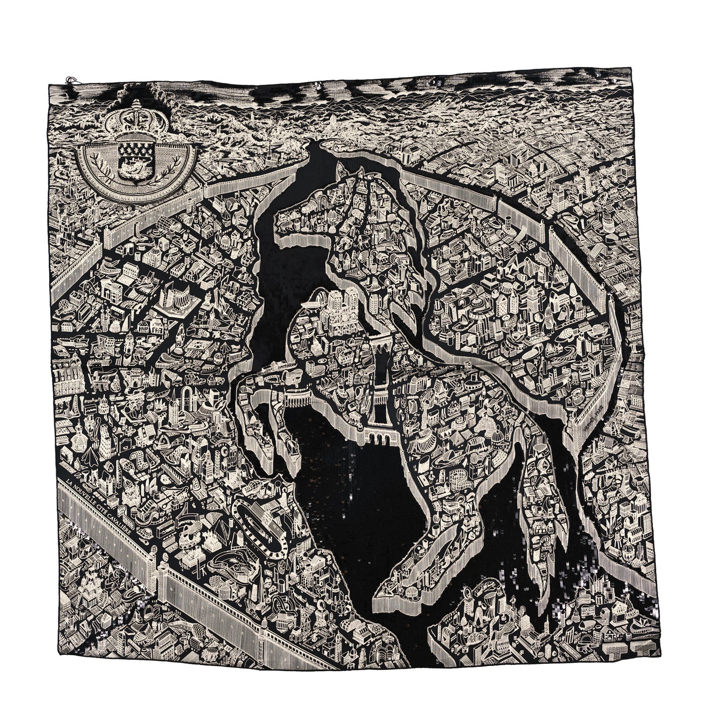 Silk Twill Sequin Embroidered La Cite Cavaliere La Nuit Scarf 90 Black White