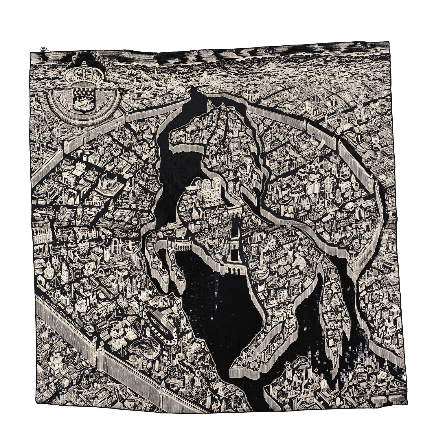 Hermes Silk Twill Sequin Embroidered La Cite Cavaliere La Nuit Scarf 90 Black White 1 of 3