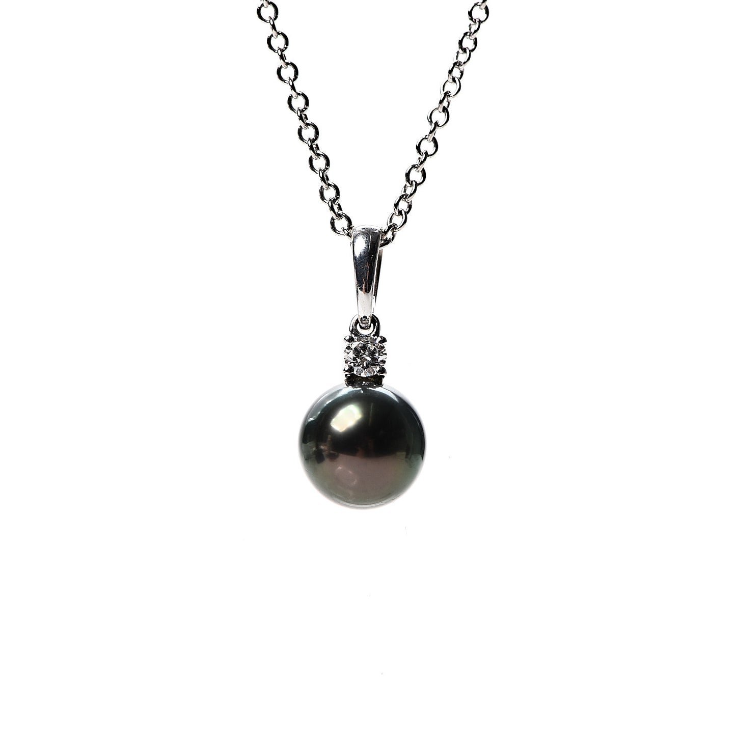 18K White Gold Diamond Black South Sea Pearl 9mm Pendant Necklace