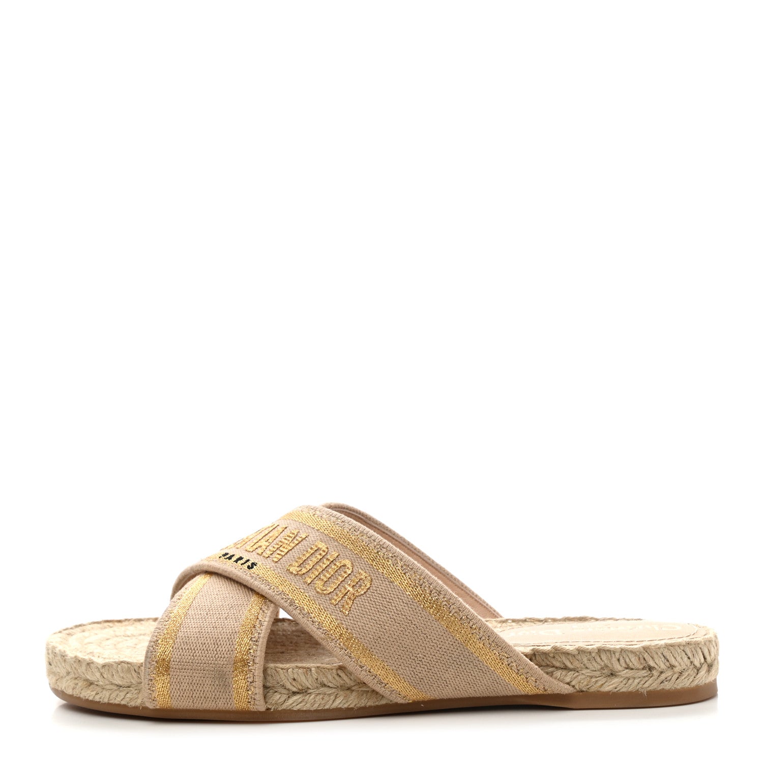 Christian Dior Canvas Embroidered Granville Espadrille Crisscross Flat Slide Sandals 37.5 Gold 1 of 9