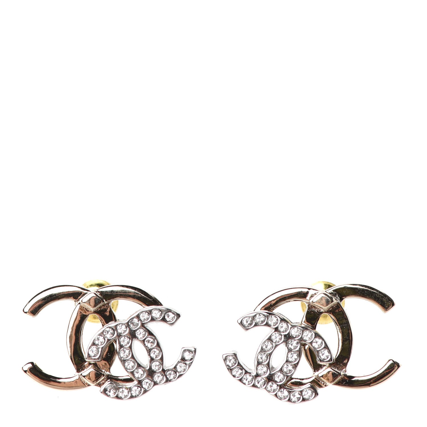 Chanel Crystal Double CC Earrings Gold Silver 1 of 4