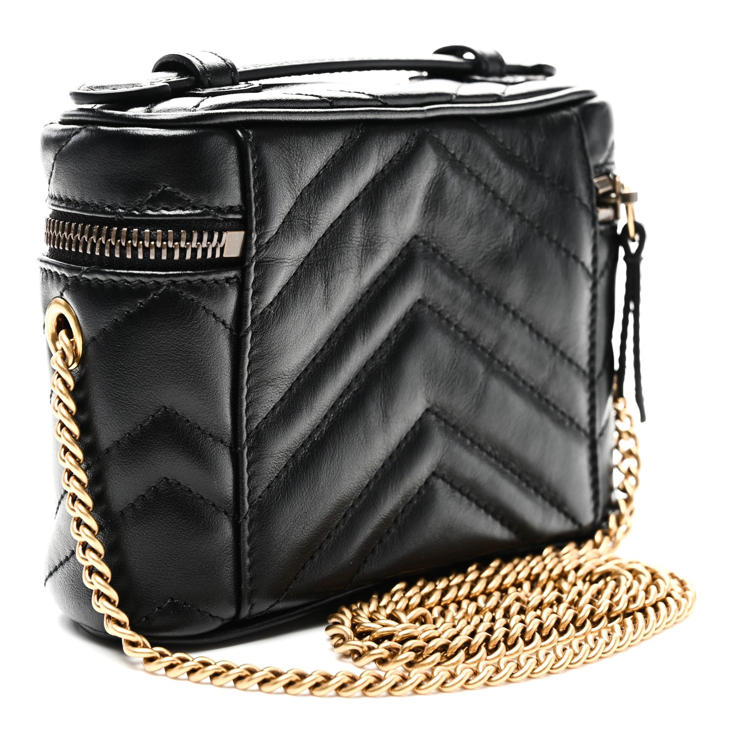 Gucci Calfskin Matelasse Chevron Mini GG Marmont Top Handle Bag Black 3 of 11