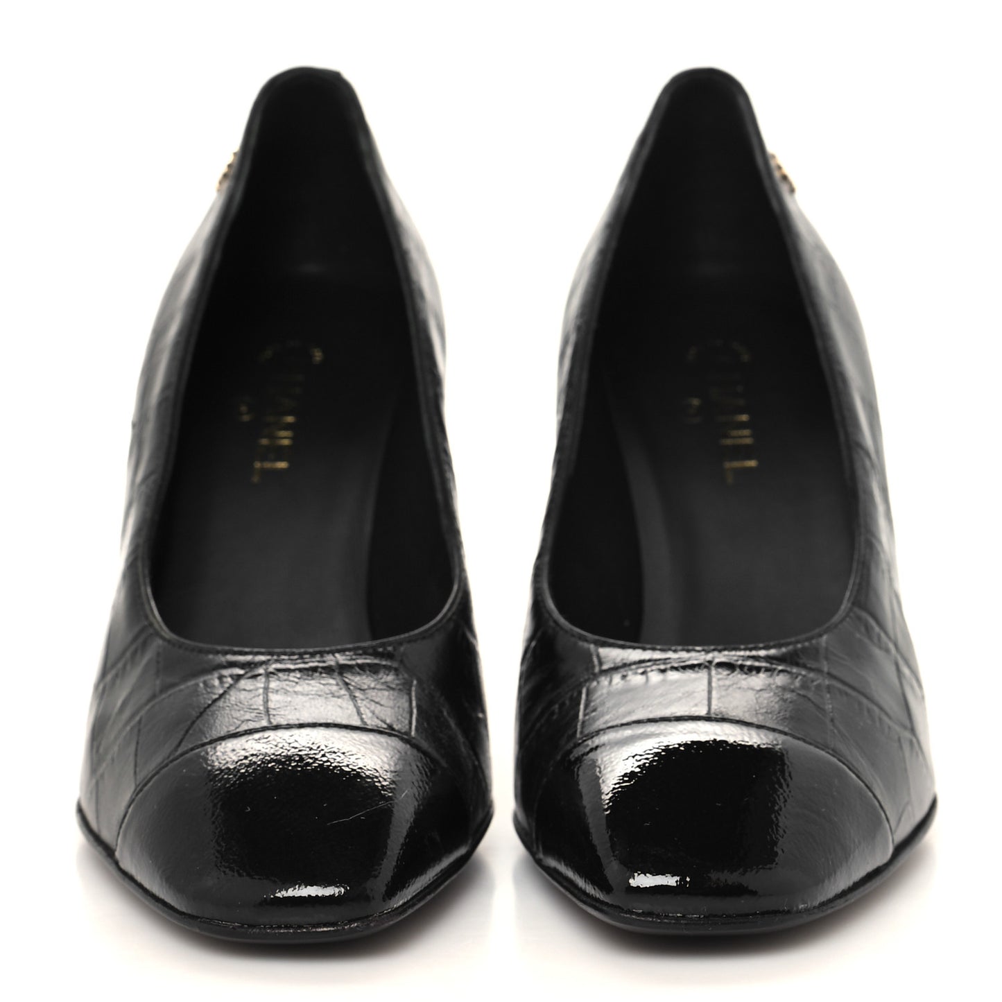 Crocodile Embossed Crumpled Patent Cap Toe Pumps 36 Black