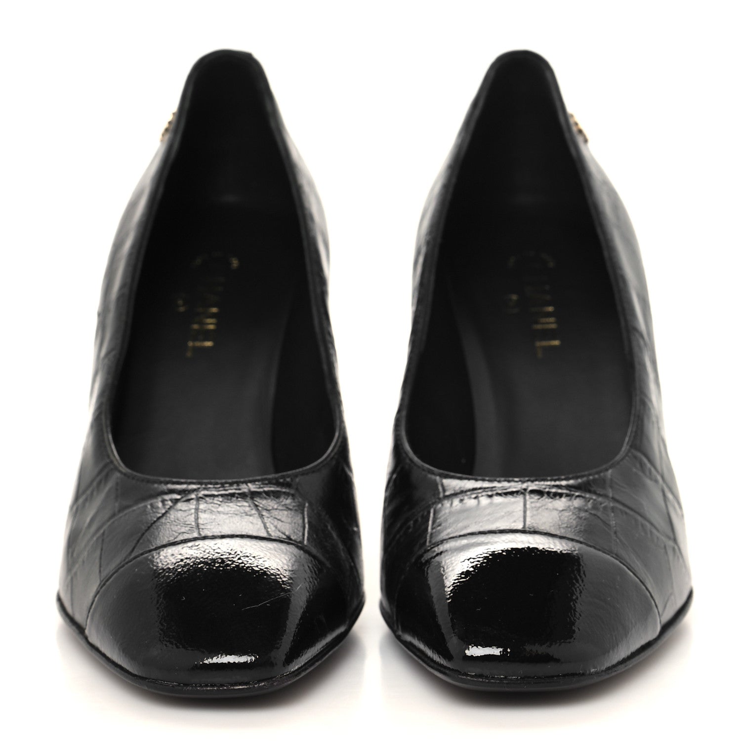 Chanel Crocodile Embossed Crumpled Patent Cap Toe Pumps 36 Black 2 of 9