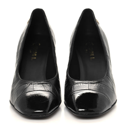 Chanel Crocodile Embossed Crumpled Patent Cap Toe Pumps 36 Black 2 of 9