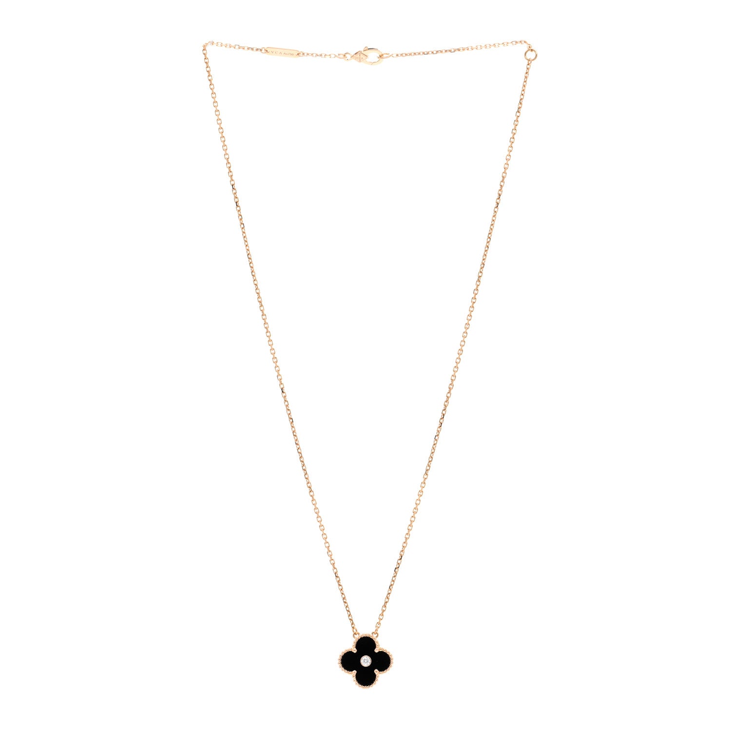 Van Cleef & Arpels 18K Rose Gold Diamond Black Onyx Vintage Alhambra Pendant Necklace 3 of 5