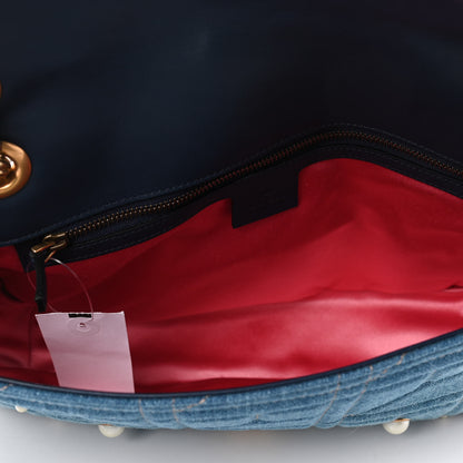 Gucci Kura Denim Matelasse Cubic Pearl Studded Medium GG Marmont Shoulder Bag Blue 4 of 4