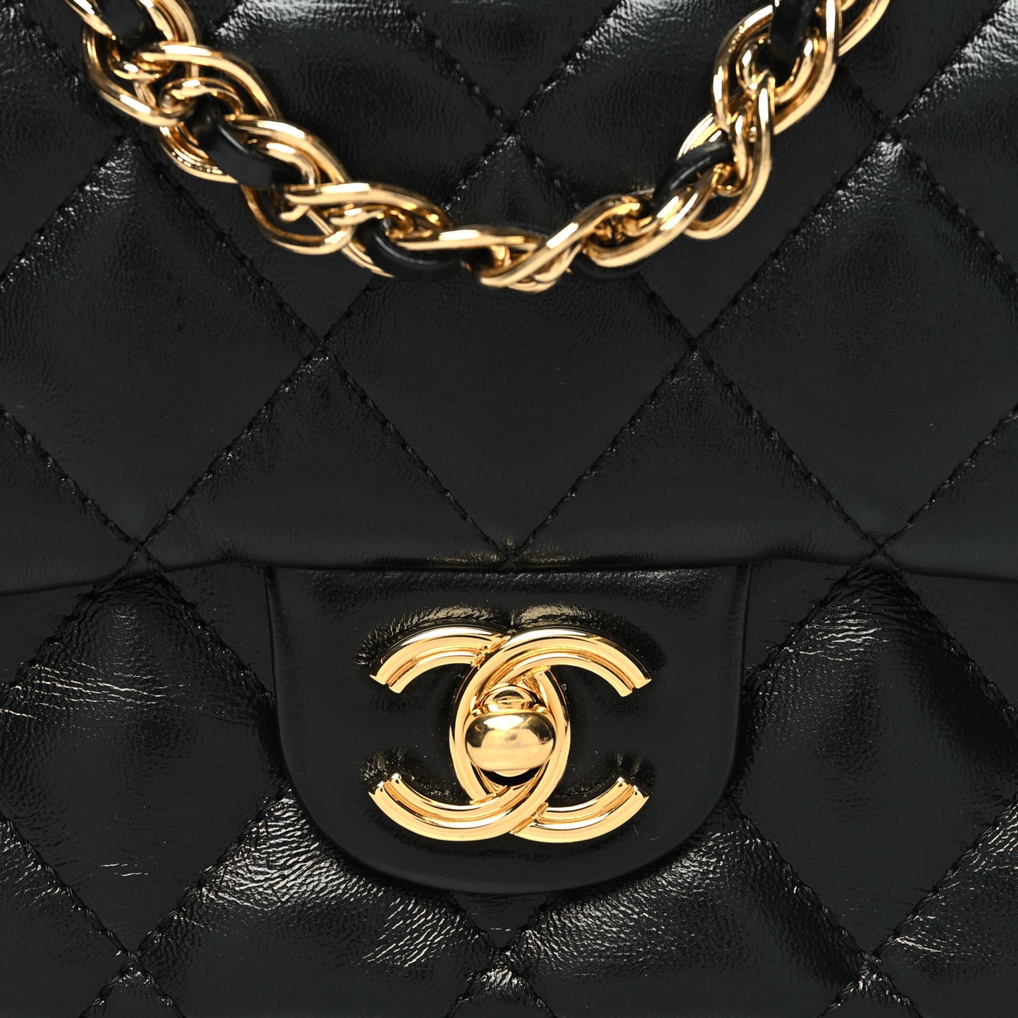 Shiny Lambskin Quilted Golden Links Top Handle Flap Black