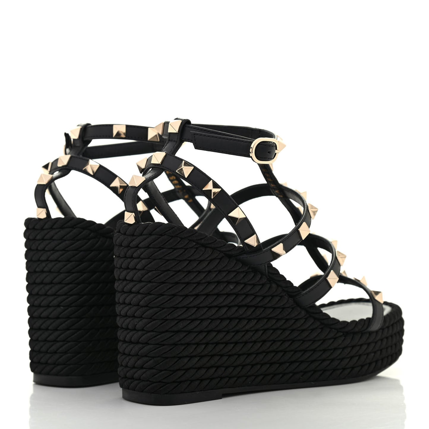 Calfskin Rockstud Ankle Strap Torchon Espadrille Caged 25/95mm Wedge Sandals 36 Black