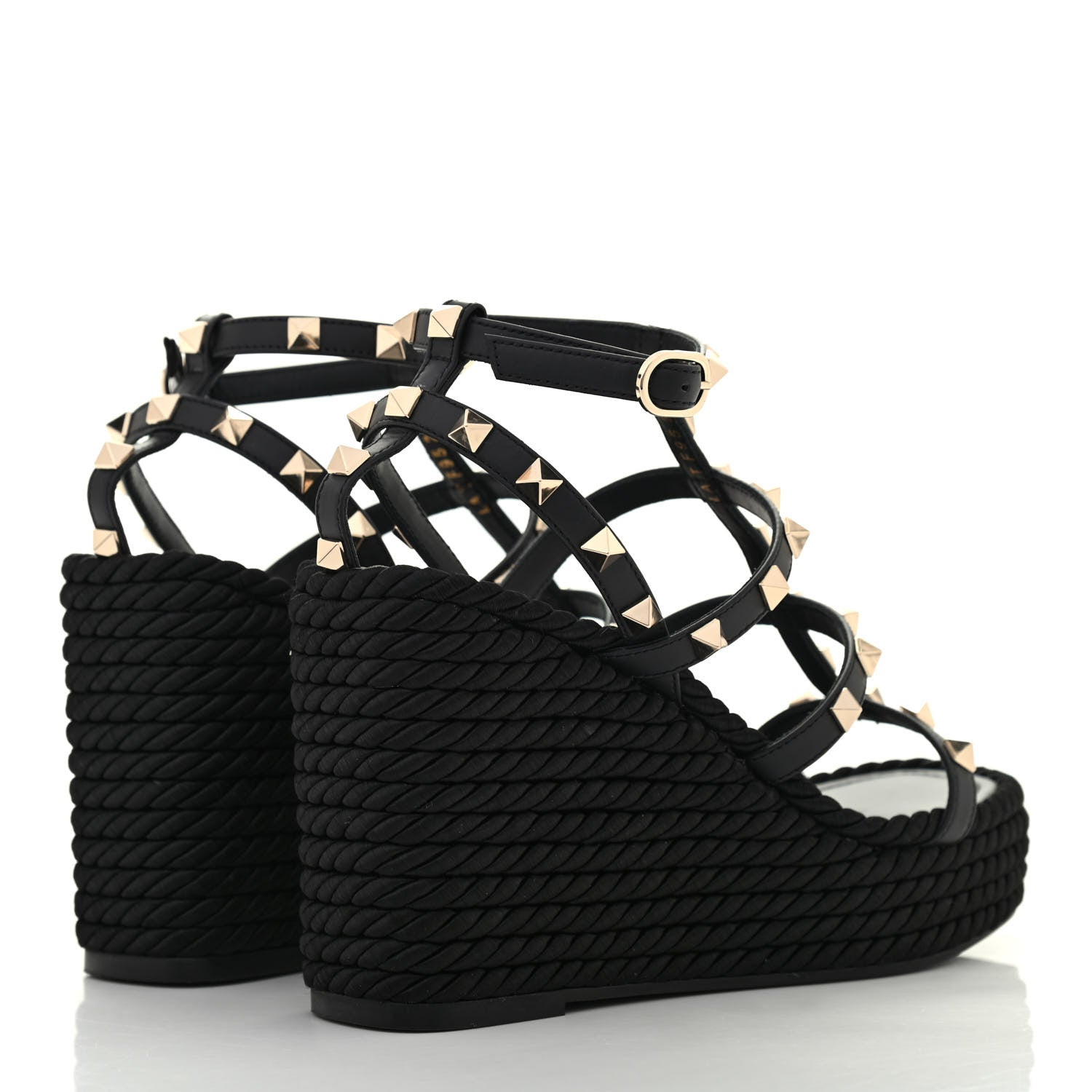 Valentino Garavani Calfskin Rockstud Ankle Strap Torchon Espadrille Caged 25/95mm Wedge Sandals 36 Black 4 of 8