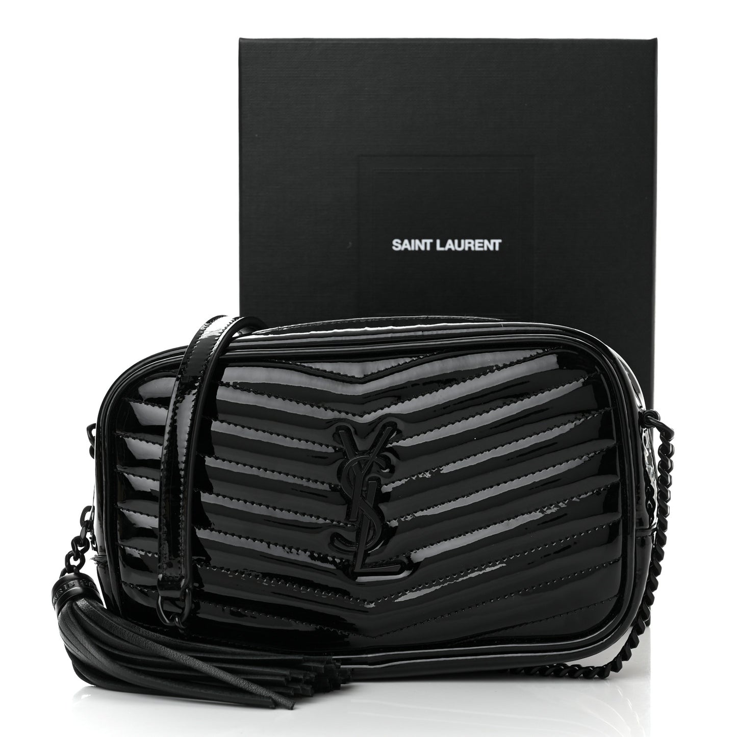 Patent Calfskin Matelasse Monogram Mini Lou Camera Bag Black