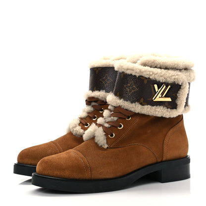 Louis Vuitton Suede Shearling Monogram Wonderland Ranger Boots 39.5 Brown 3 of 7