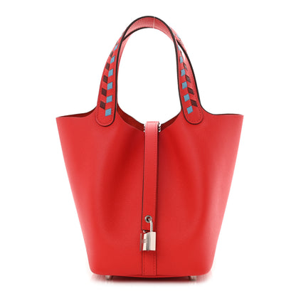 Hermes Epsom Tressage De Cuir Picotin Lock 18 PM Rouge Coeur Bleu du Nord Rouge H 1 of 10