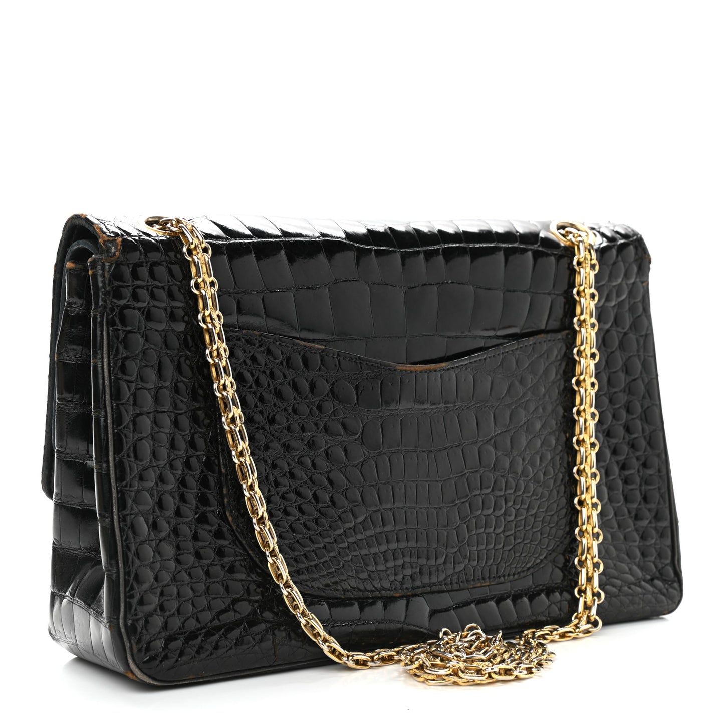 Shiny Crocodile Medium Double Flap Black