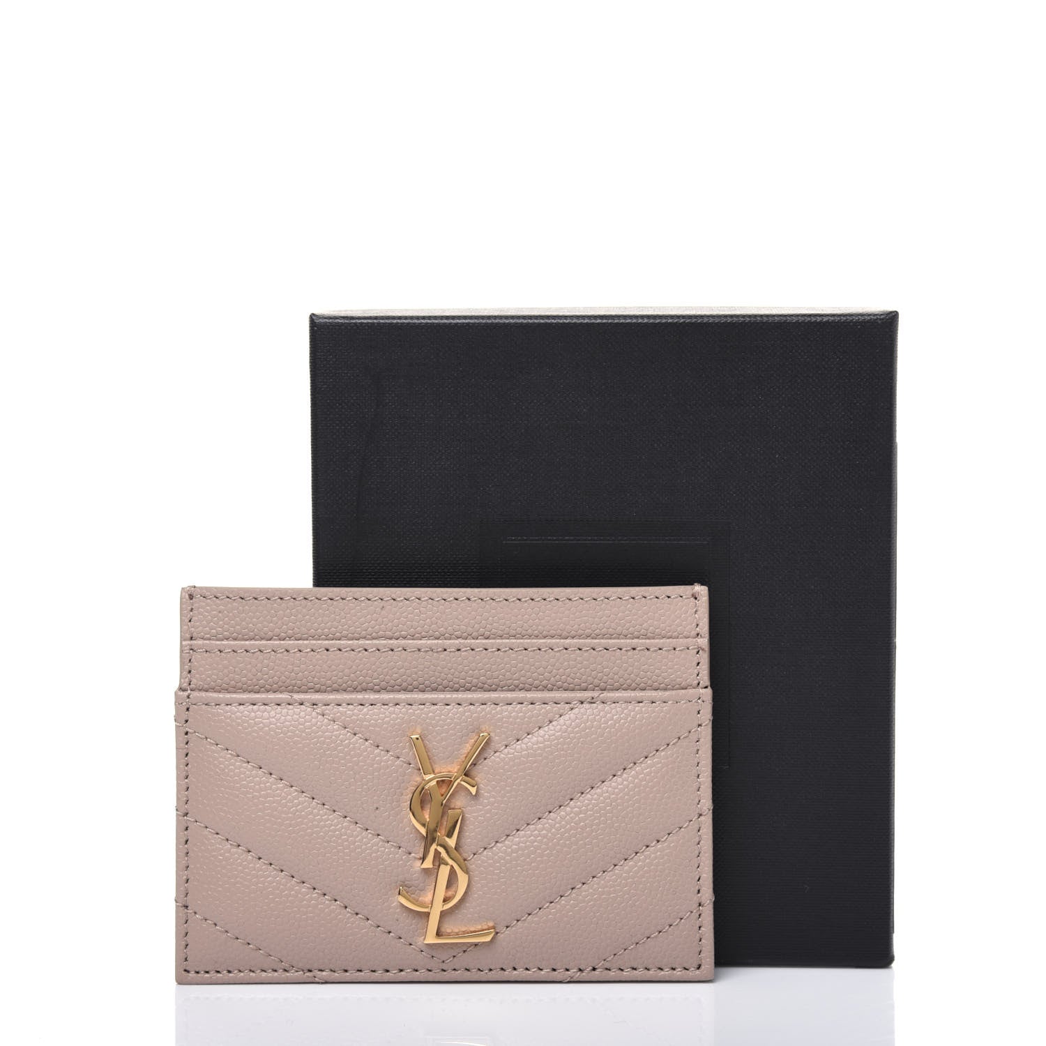 Saint Laurent Grain De Poudre Matelasse Chevron Monogram Credit Card Case Dark Beige 10 of 10