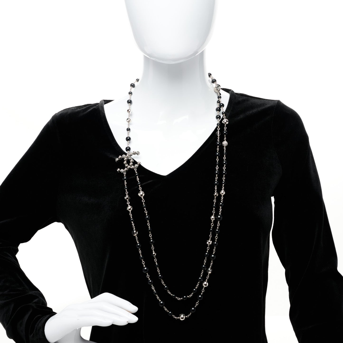 Pearl Beaded CC Long Necklace Black