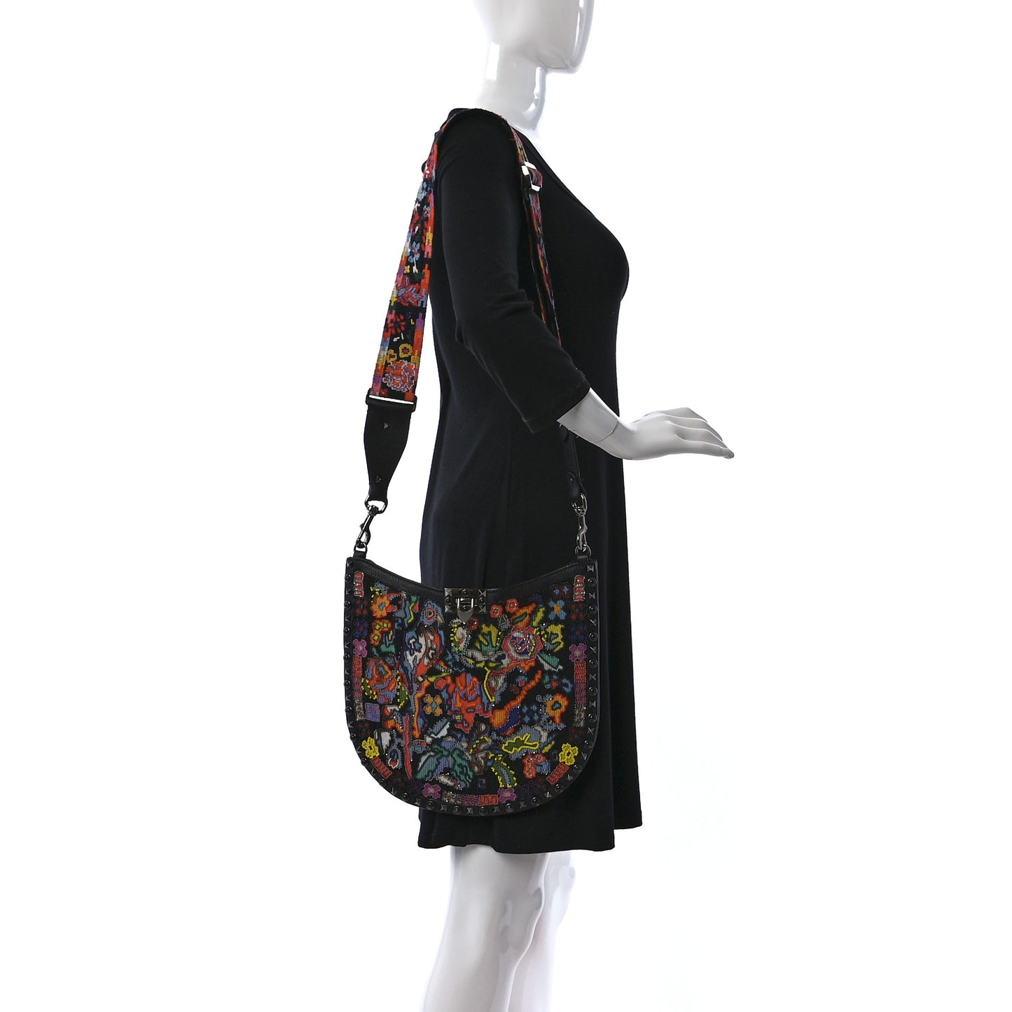 Calfskin Beaded Guitar Strap Rockstud Rolling Hobo Bag Black