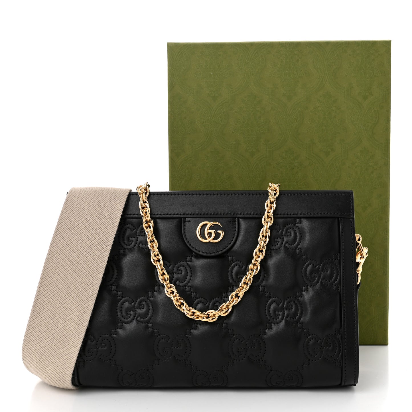 Calfskin GG Matelasse Small Slim Chain Shoulder Bag Black Natural