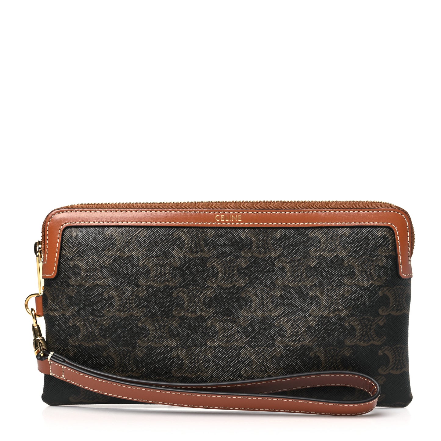 Triomphe Calfskin Long Pouch With Strap Tan