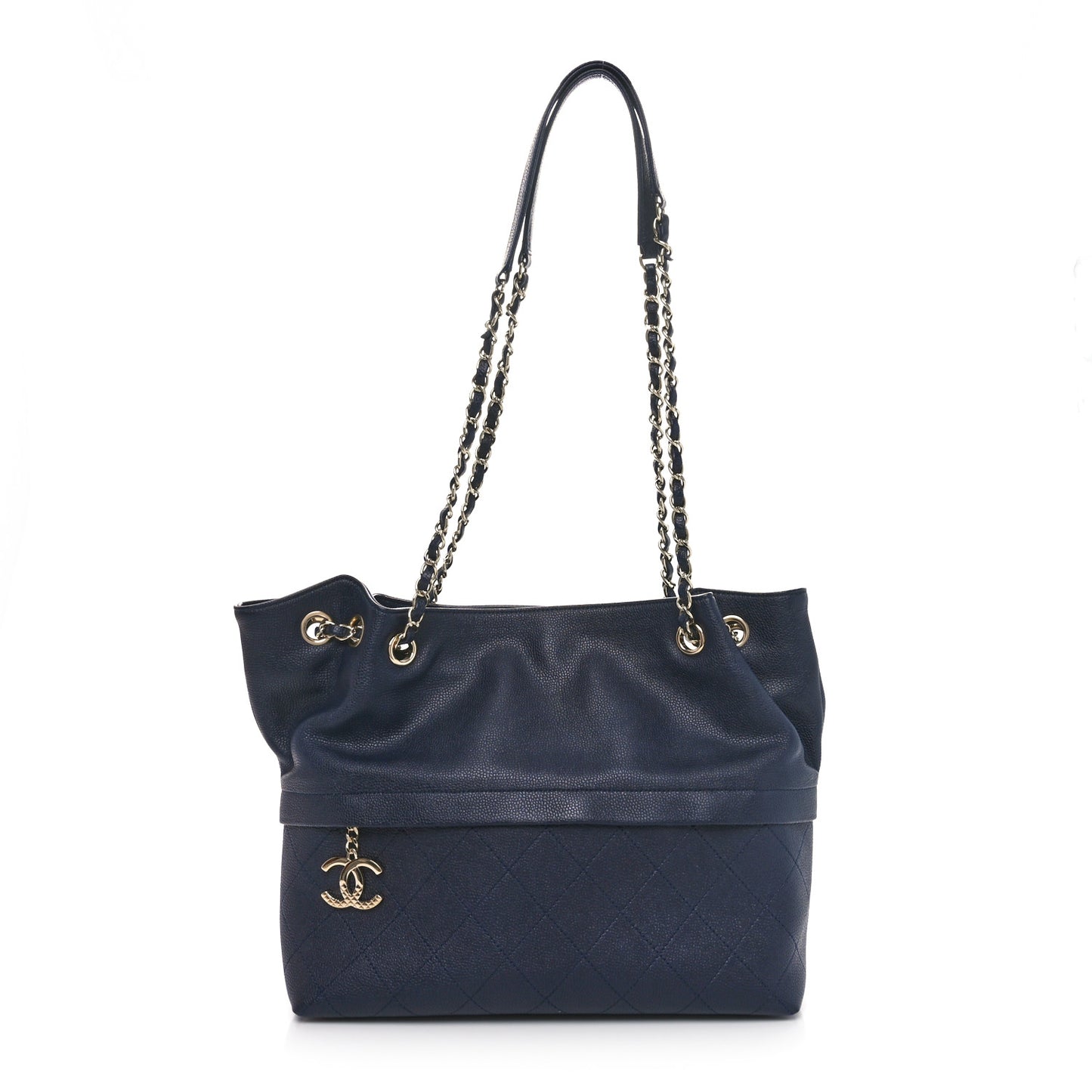 Crumpled Grained Calfskin Zip and Carry Shopping Tote Dark Navy