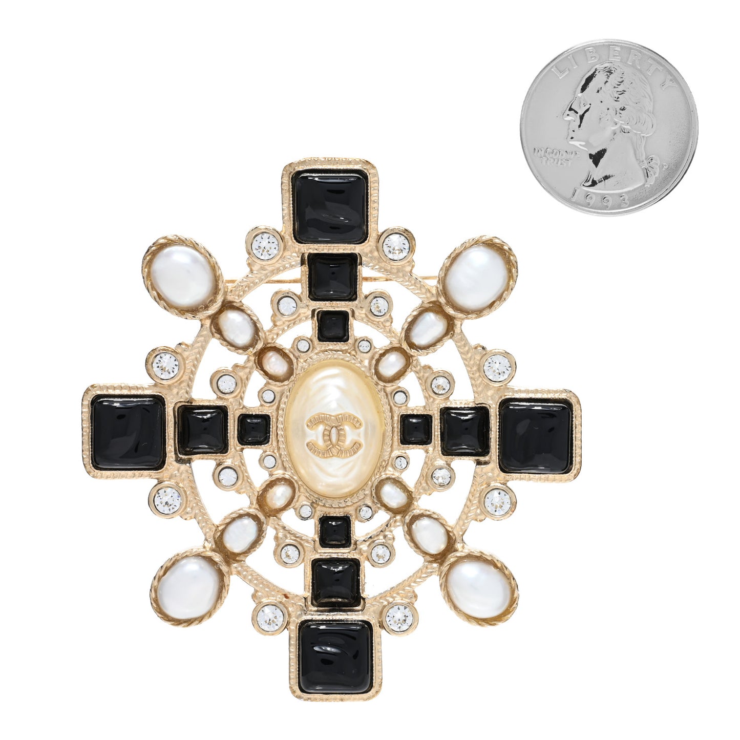 Metal Resin Gripoix CC Maltese Cross Brooch Gold