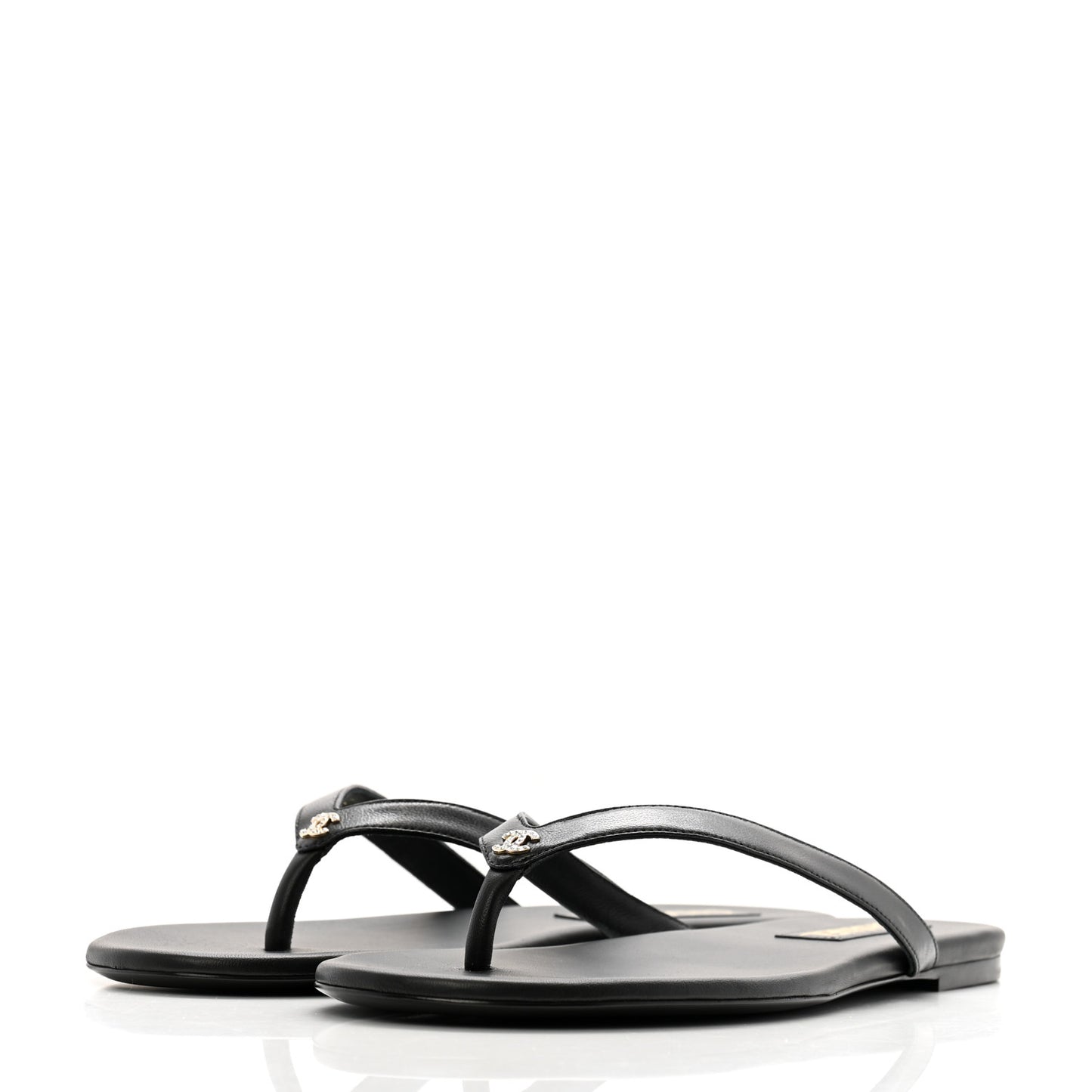 Shiny Lambskin Crystal CC Thong Sandals 40.5 Black
