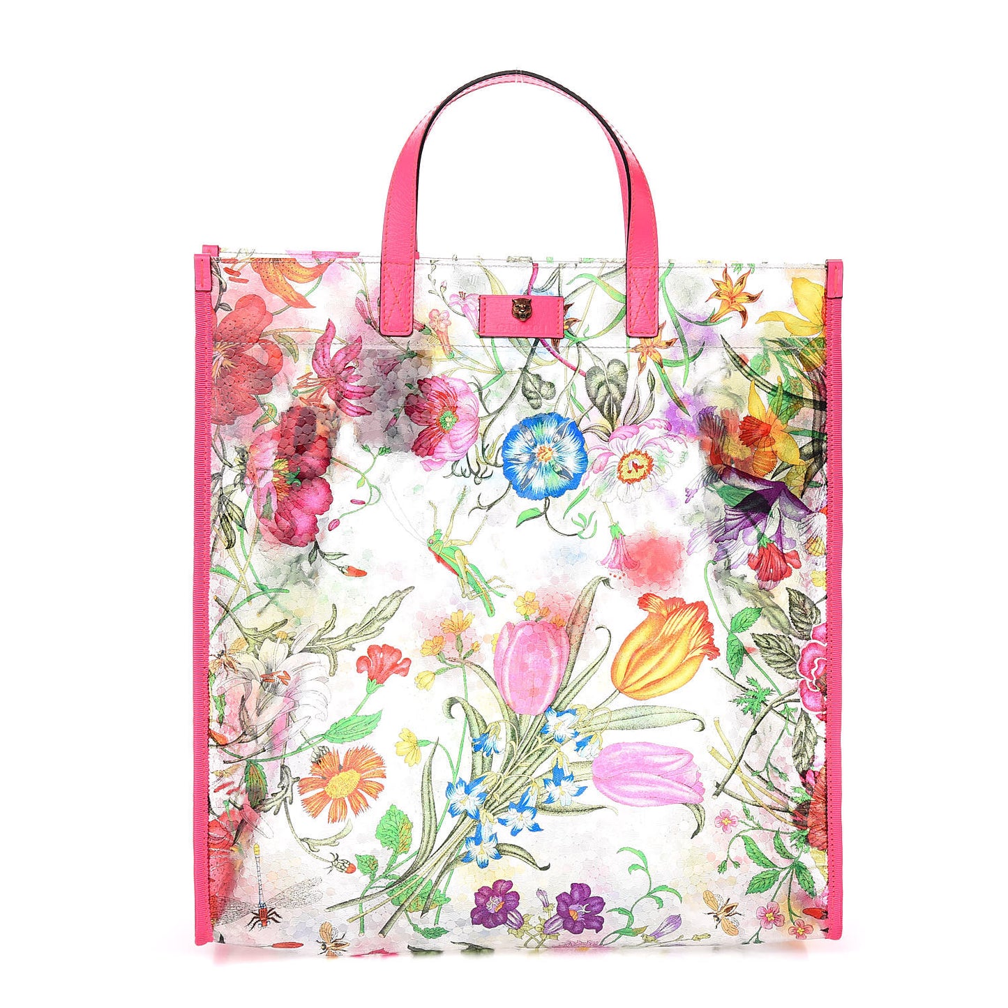 Calfskin Textured Vinyl Print Flora Tote Fluorescent Fuchsia