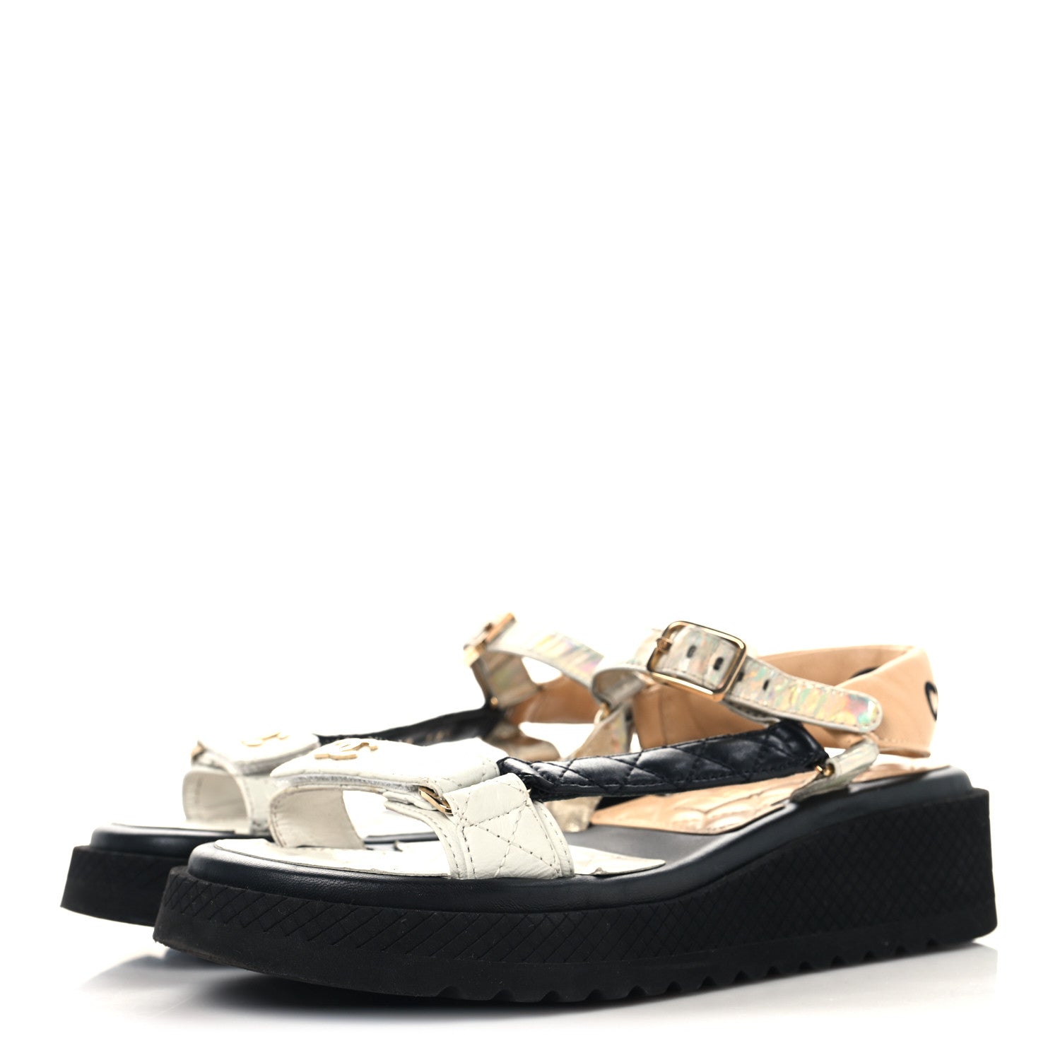 Chanel Lambskin Logo Platform Sandals 38.5 Beige Gold White 4 of 9