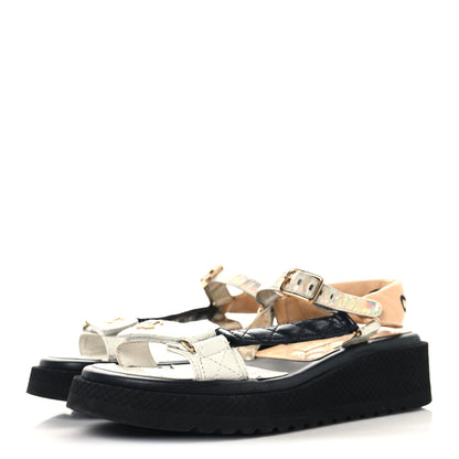 Chanel Lambskin Logo Platform Sandals 38.5 Beige Gold White 4 of 9