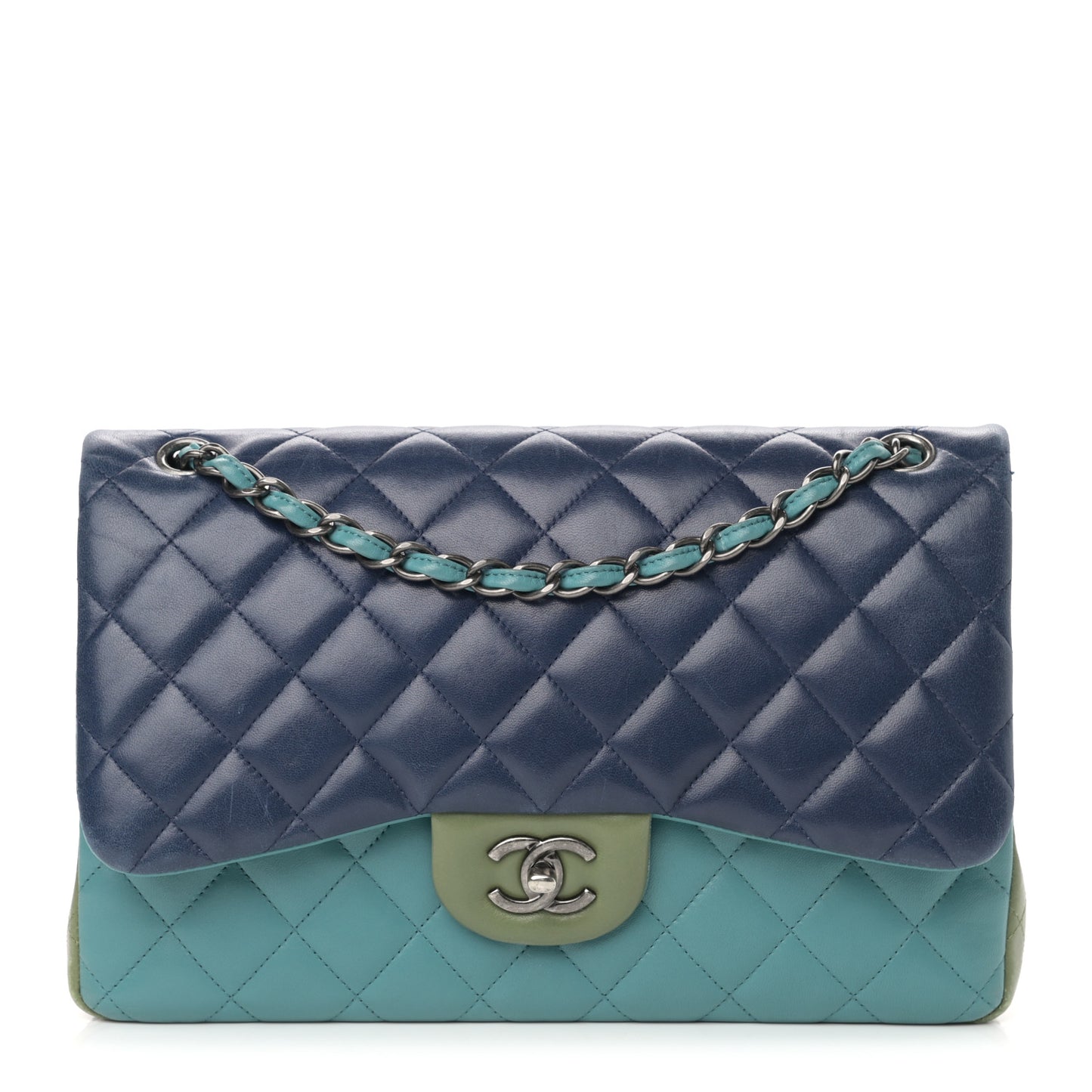 Lambskin Quilted Tri-Color Jumbo Double Flap Navy Blue Green