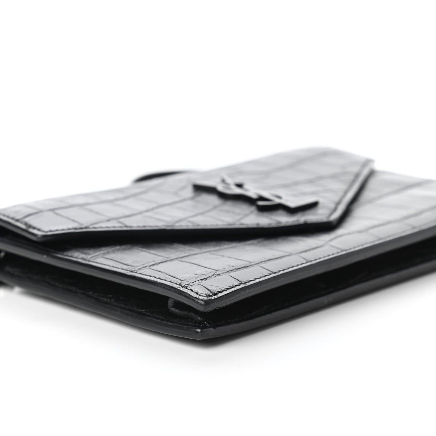 Calfskin Crocodile Embossed Monogram Envelope Chain Wallet Black
