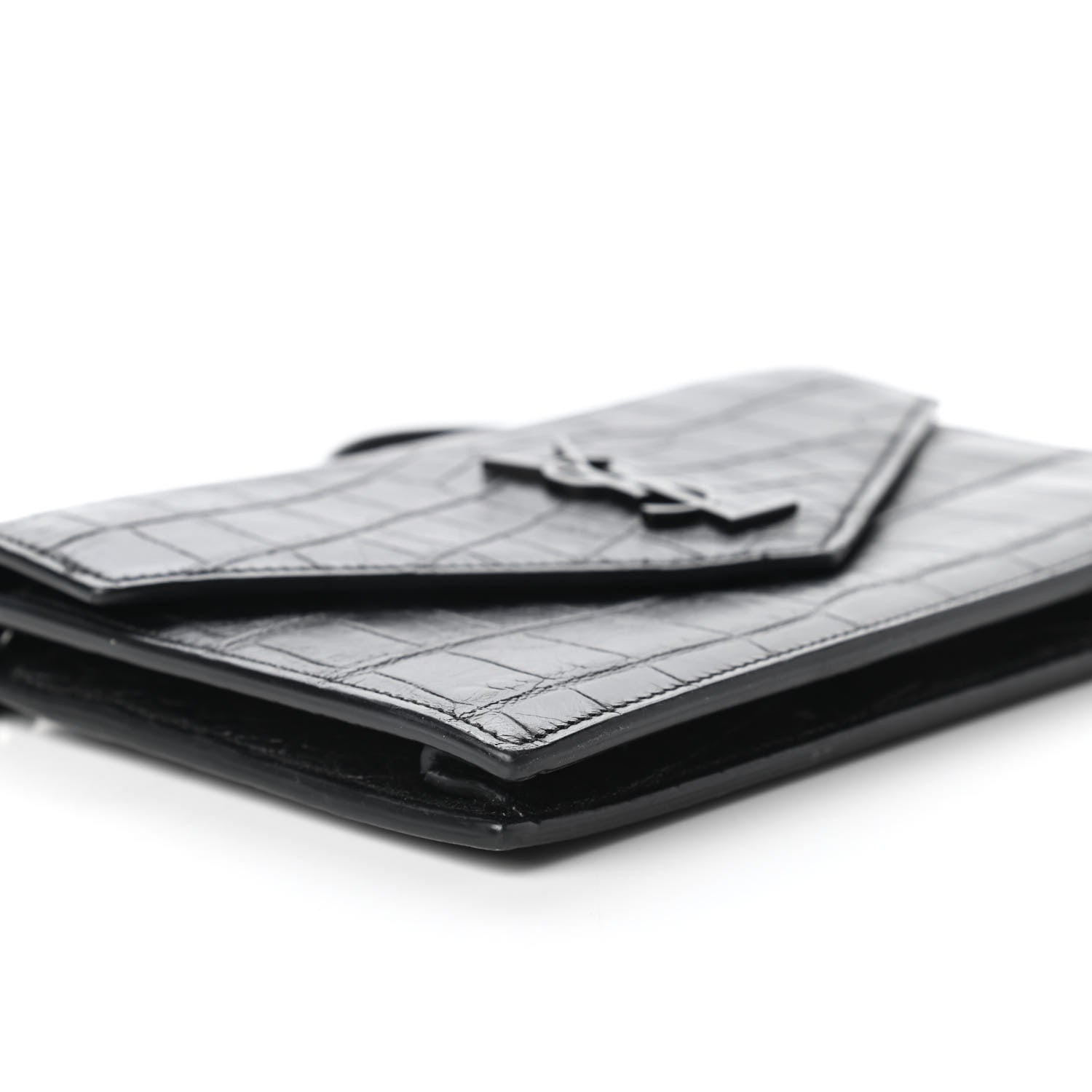 Saint Laurent Calfskin Crocodile Embossed Monogram Envelope Chain Wallet Black 6 of 10