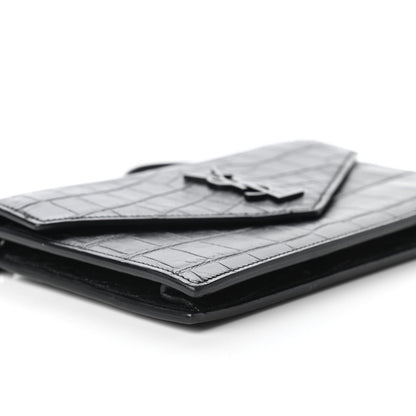 Saint Laurent Calfskin Crocodile Embossed Monogram Envelope Chain Wallet Black 6 of 10