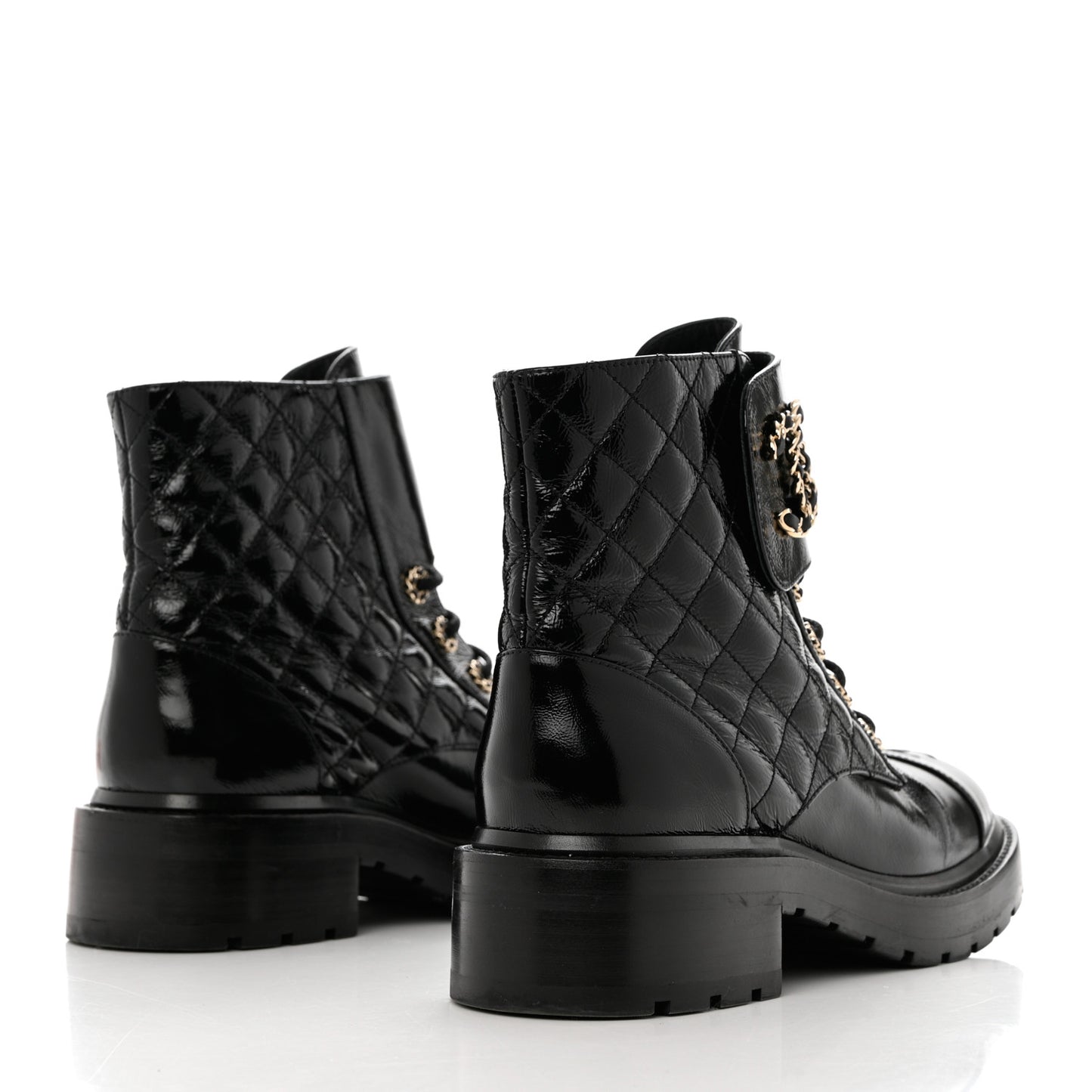 Shiny Goatskin Calfskin Quilted Lace Up Combat Boots 39.5 Black