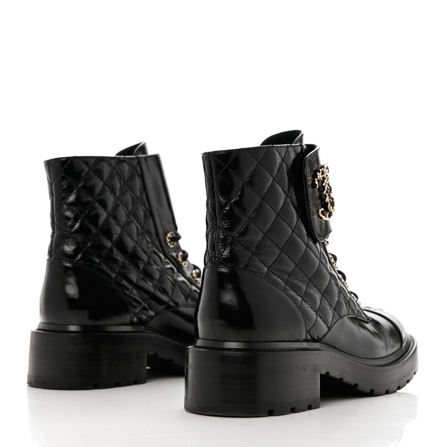 Chanel Shiny Goatskin Calfskin Quilted Lace Up Combat Boots 39.5 Black 4 of 9