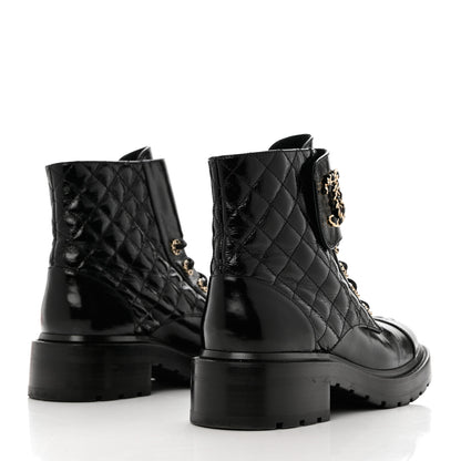 Chanel Shiny Goatskin Calfskin Quilted Lace Up Combat Boots 39.5 Black 4 of 9
