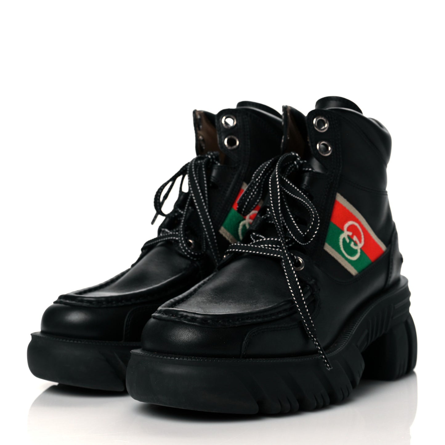 Quebec Calfskin Web Womens Interlocking G Lace Up Combat Boots 37.5 Black Mystic White Green Red