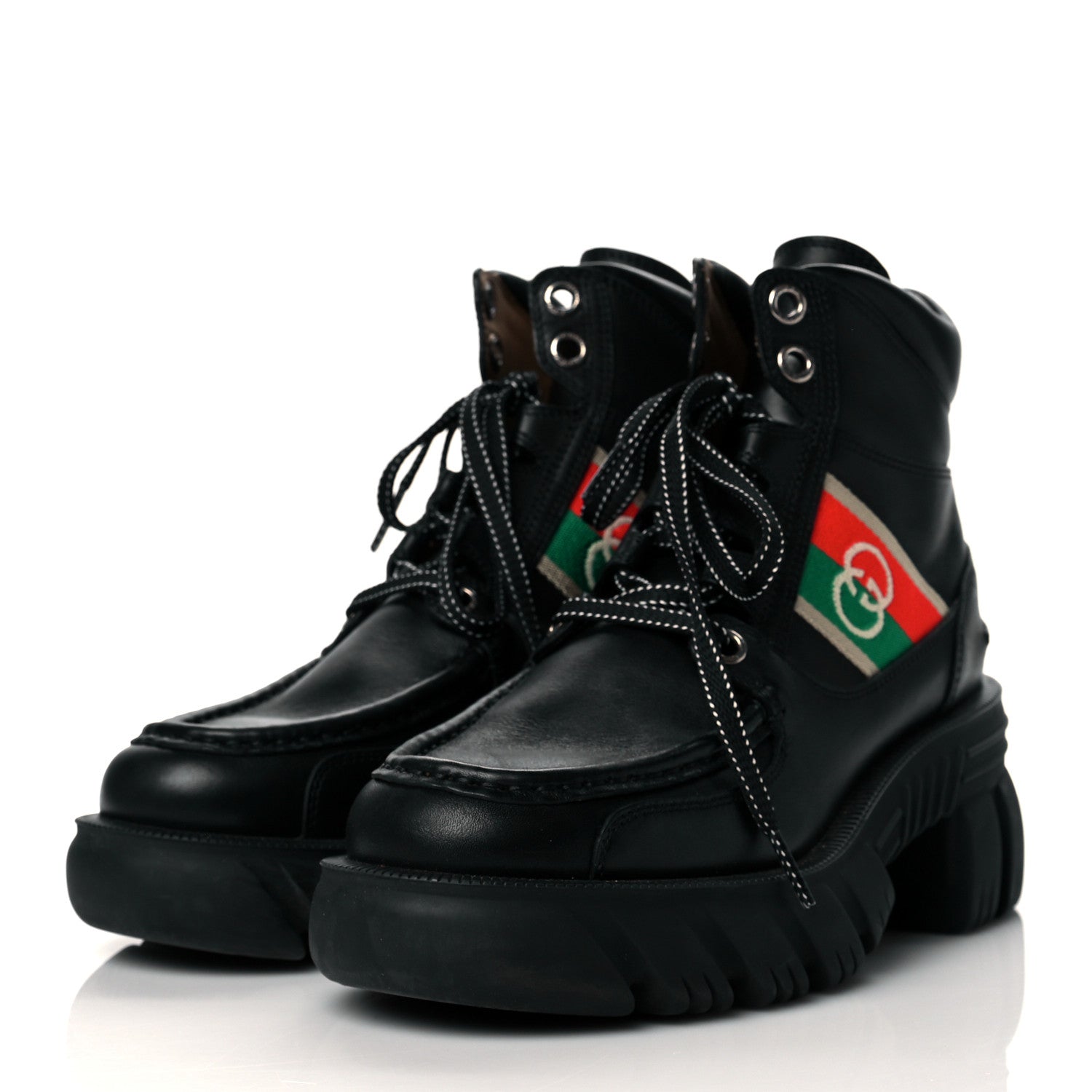 Gucci Quebec Calfskin Web Womens Interlocking G Lace Up Combat Boots 37.5 Black Mystic White Green Red 3 of 9