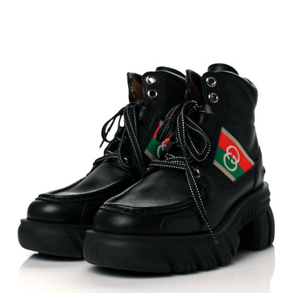 Gucci Quebec Calfskin Web Womens Interlocking G Lace Up Combat Boots 37.5 Black Mystic White Green Red 3 of 9